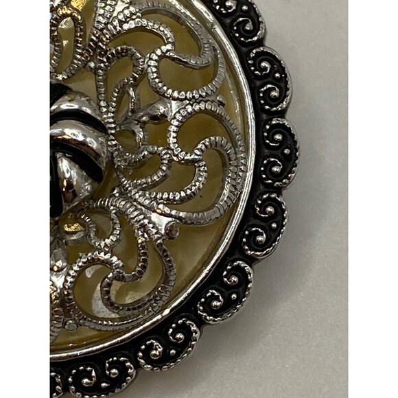Vintage W. Germany Filigree Silver & Black Round Brooch Pin With Scalloped Edge - Picture 2 of 8
